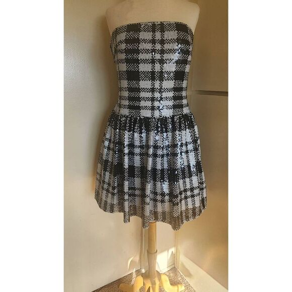 Sho Black and White Plaid Sequin Strapless Knee Length Cocktail Dress, NWT, Sz.1 - Picture 1 of 9